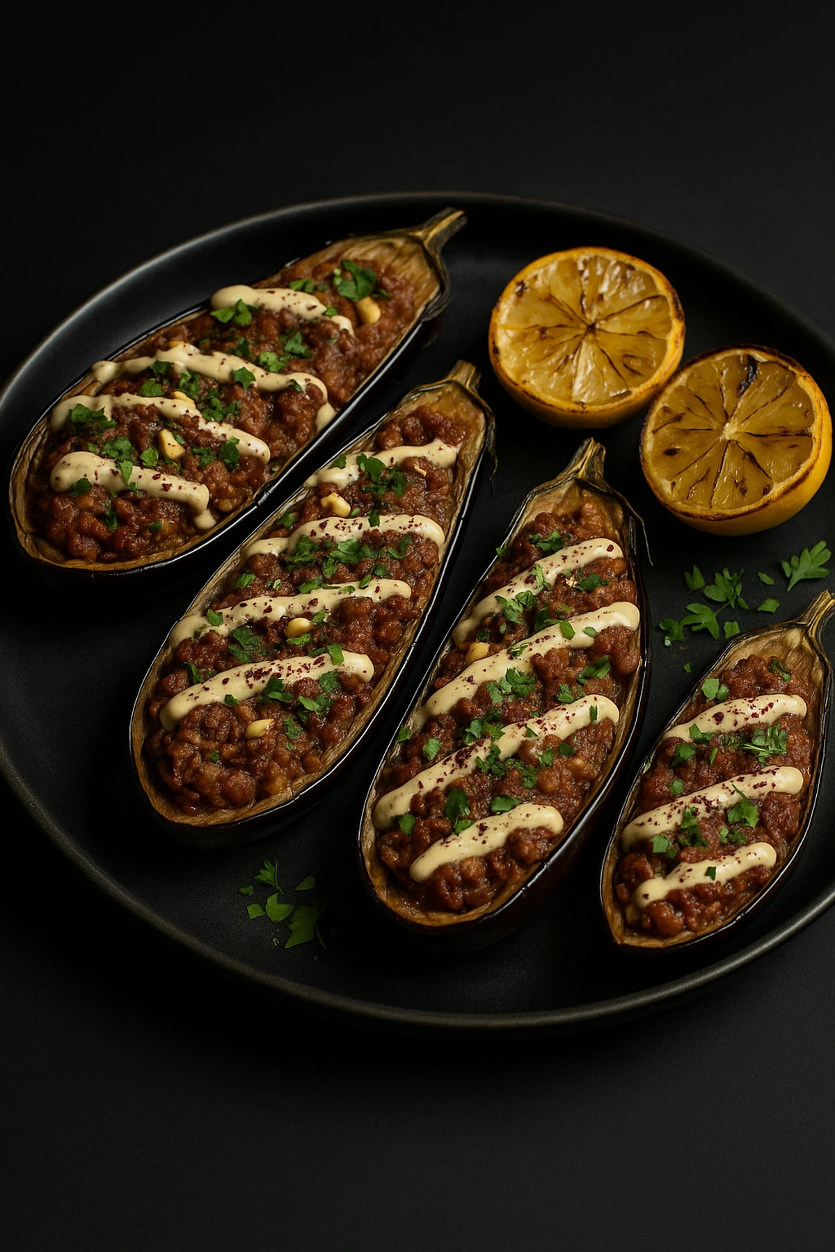 Tahini Lamb Eggplant Boats 🍆🇱🇧