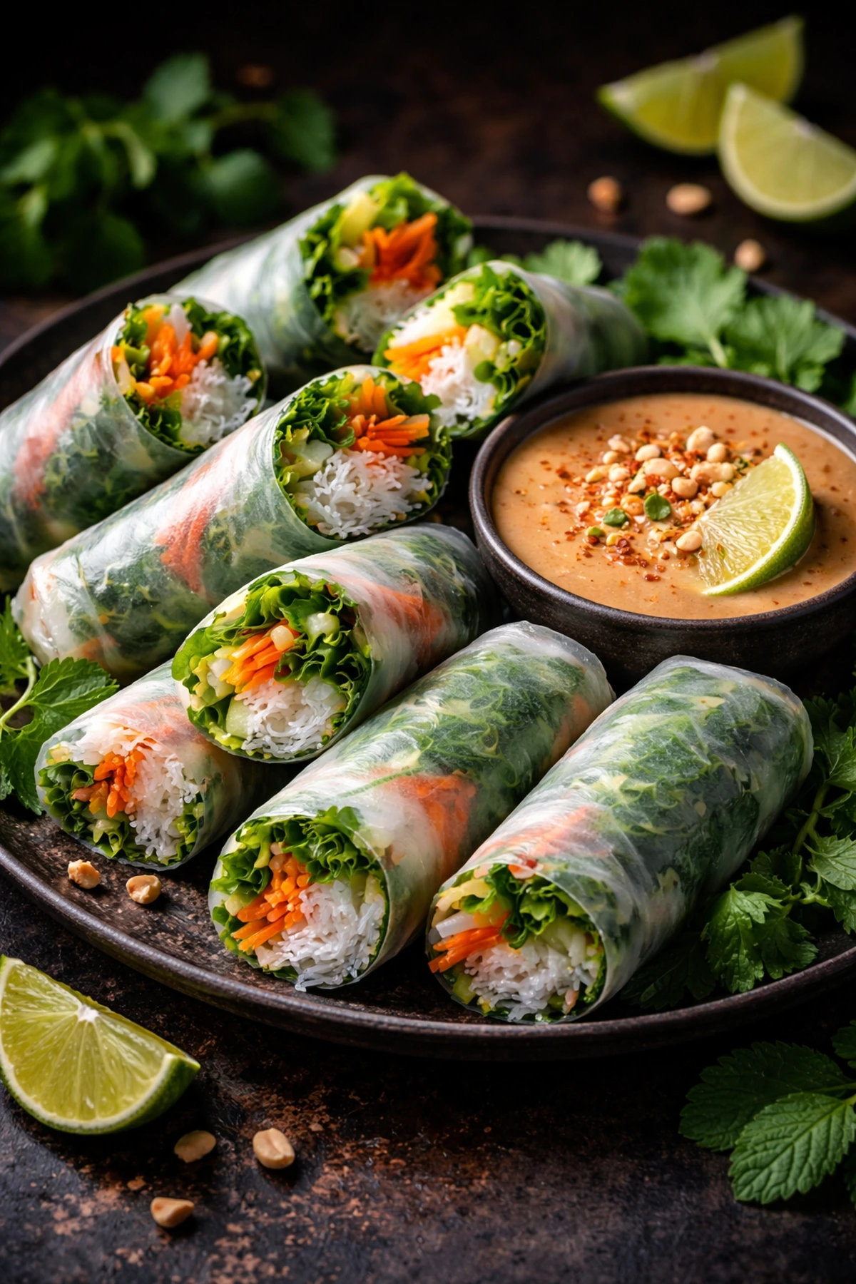 Thai Fresh Spring Rolls with Peanut Lime Dip Por Pia Sod 🥬🌿
