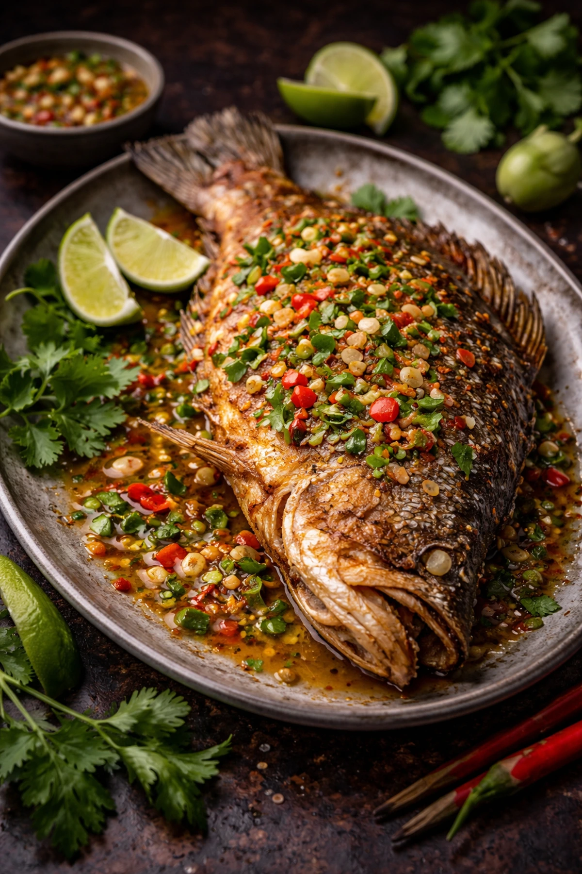 Thai Crispy Sea Bass with Chili Fish Sauce Pla Tod Nam Pla 🐟🌶️