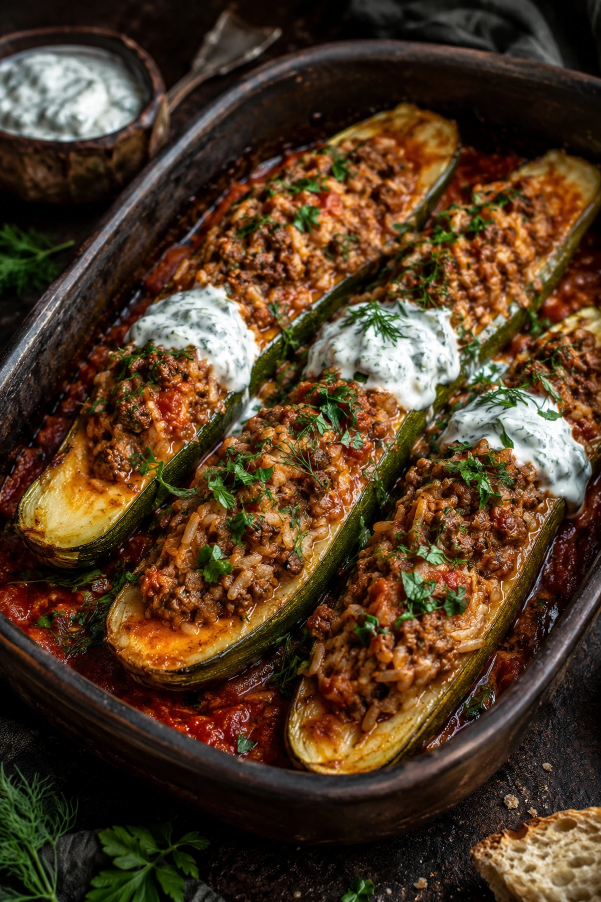 Balkan Stuffed Zucchini with Beef Rice and Dill Yogurt 🥒✨