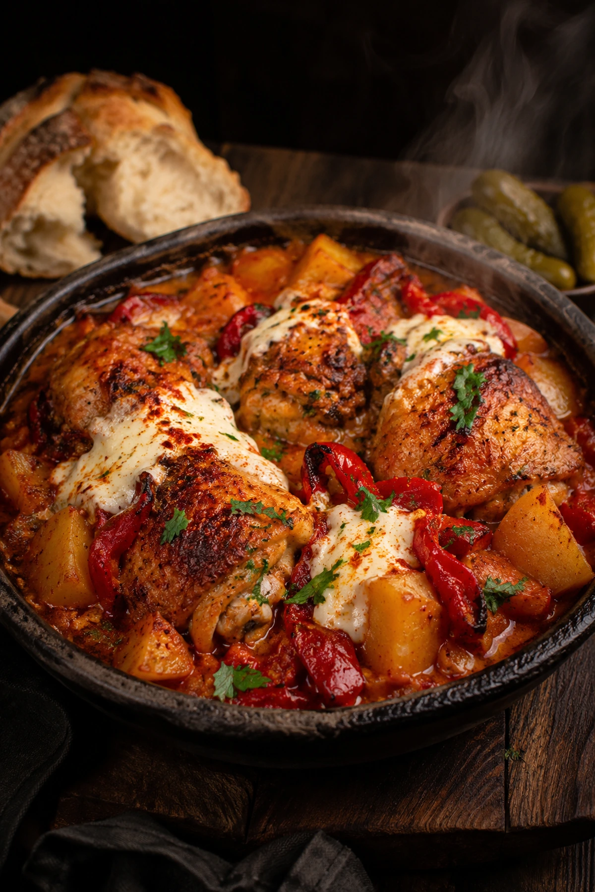Balkan Kajmak Chicken with Roasted Peppers and Potatoes 🍗✨